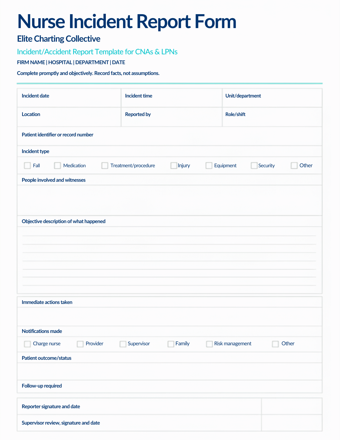 CNA & LPN Incident/Accident Report Template | Printable & Fillable PDF