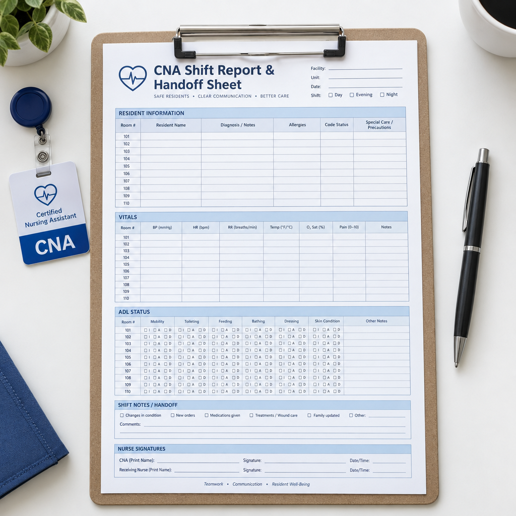 CNA Shift Report & Handoff Sheet | Printable & Fillable PDF