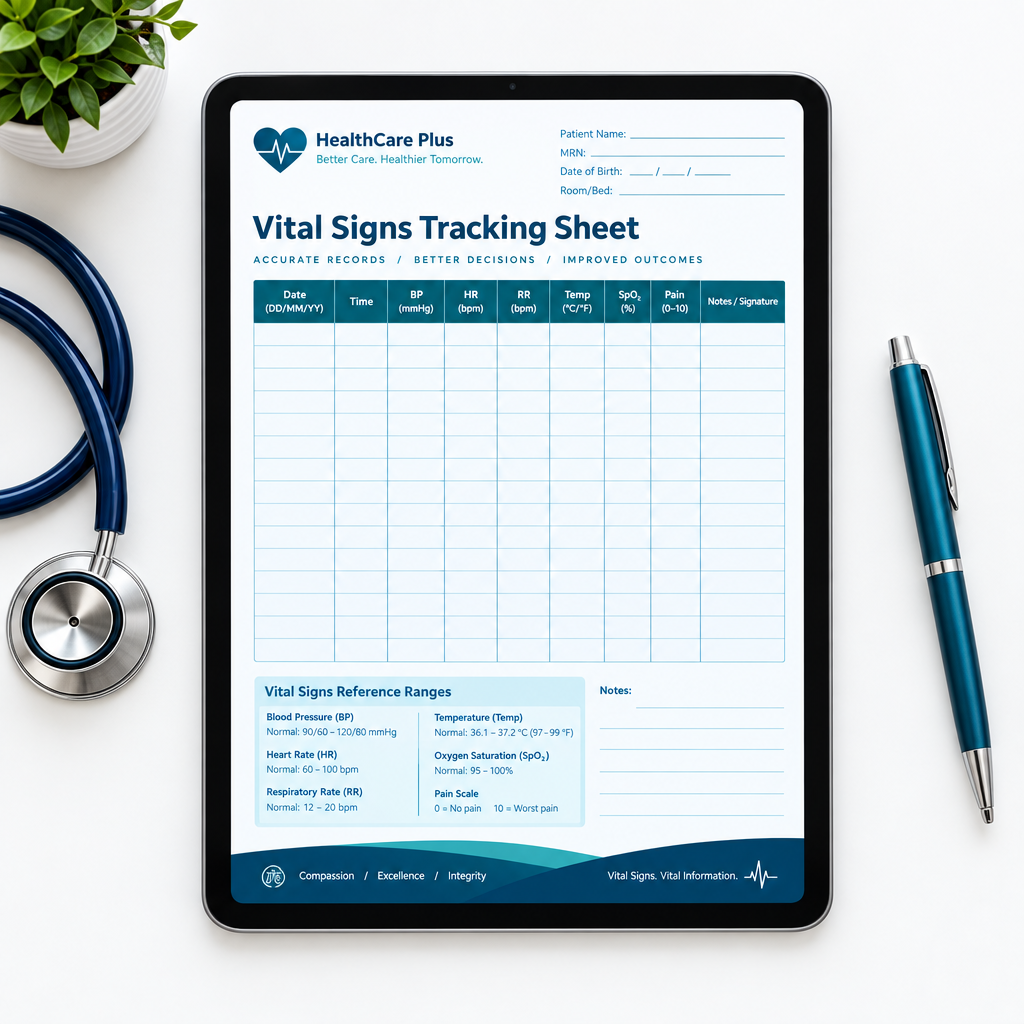 Vital Signs Tracking Sheet | Printable & Fillable PDF for CNAs & LPNs