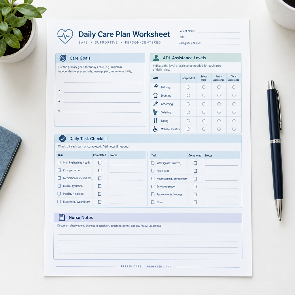 Daily Care Plan Worksheet | Printable & Fillable PDF for CNAs & LPNs