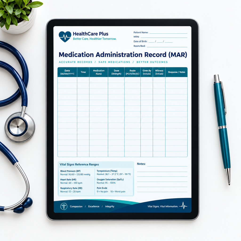 Medication Administration Record (MAR) Template | Printable & Fillable PDF for CNAs & LPNs