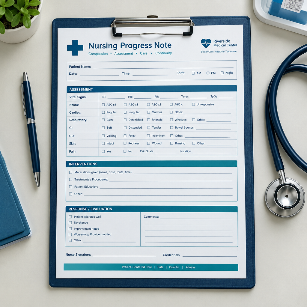 Basic Nursing Progress Note Template Pack | CNA & LPN Documentation Worksheets