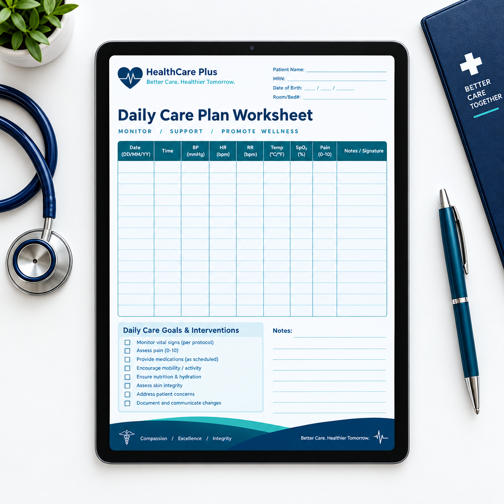 Daily Care Plan Worksheet | Printable & Fillable PDF for CNAs & LPNs